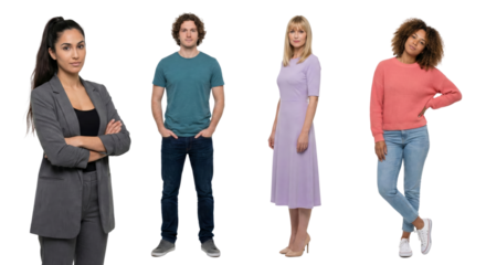 Diverse group of four people standing against white background, professionals and casual