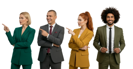 Diverse Business Team Pointing in Different Directions, Isolated on White