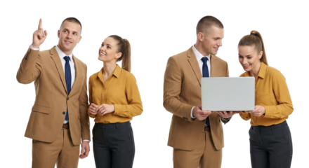 Business partners collaborating, pointing and using laptop on white background