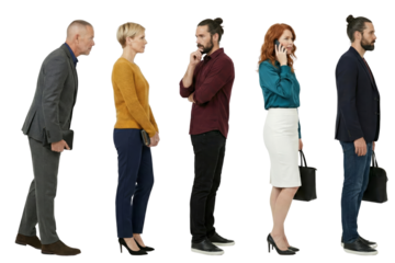 Diverse people standing in line, isolated on white background