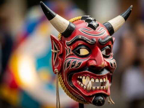 Close-up of a traditional red wooden devil mask with horns and sharp teeth. Colorful Diablada festival costume face used in South American carnivals and folklore. Andean cultural handicraft detail.