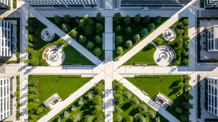 Aerial view of modern urban park with art installations