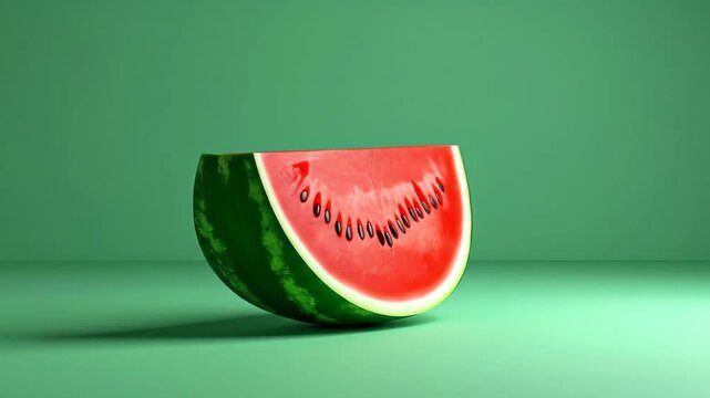 A juicy watermelon slice sits on a green surface, simple and refreshing.