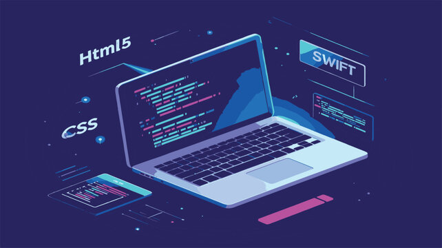 Modern Laptop Displaying Code Snippets and Programming Languages like HTML5 and CSS, Illustrating Software Development