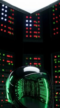 Futuristic helmet rests on a metal stand amid server racks glowing with status lights. Its visor reflects neon green circuit board patterns and code-like lines, conveying cybernetic technology and dat