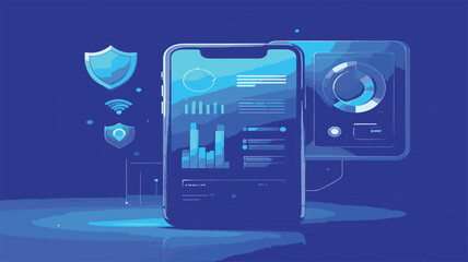 Digital security and data protection on mobile devices, cybersecurity analysis with charts and graphs on screen