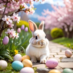 Charming bunny amidst pink blossom trees, pastel eggs scattered along a stone path on a sunny spring day