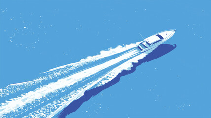 Dynamic high-angle view of a sleek speed boat powering across the shimmering blue water, leaving a vibrant white wake, perfectly capturing rapid motion and aquatic adventure