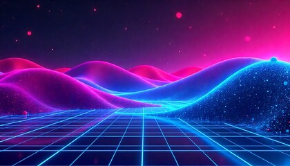 Vibrant neon landscape with glowing hills and grid floor at night
