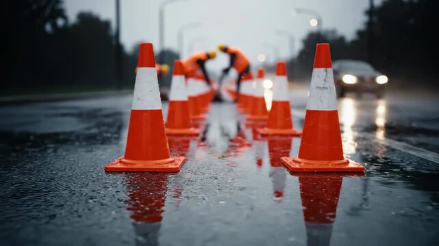 A row of orange and white traffic cones on a wet asphalt road, with workers in safety gear and a car in the background on an overcast day.