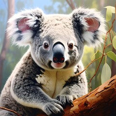 Charming koala on a branch, with fluffy ears and a button nose, amidst eucalyptus leaves and dappled light