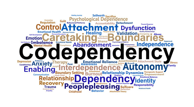 Codependency Word Cloud. Core Concepts on Emotional Dependency and Relationship Patterns