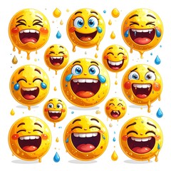 Cheerful arrangement of yellow round emojis with big grins and tears, on a white background