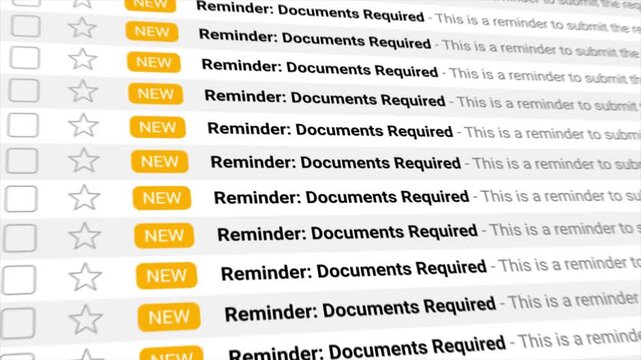 Reminder: Documents Required notifications stream endlessly as they fill a digital inbox screen.  Perfect for concepts like bureaucracy, compliance, deadlines, and administrative tasks.