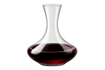 Glass wine decanter with red wine inside, aerating for enhanced flavor and serving, isolated on a transparent background