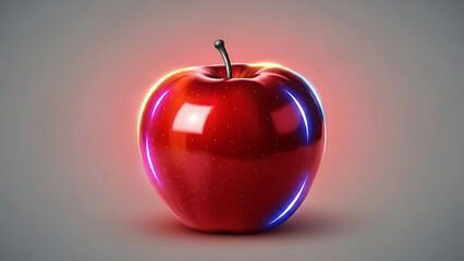 A shiny red apple with neon light contours on a gray background, symbolizing technology and healthy eating with food and fruit and glowing and still life