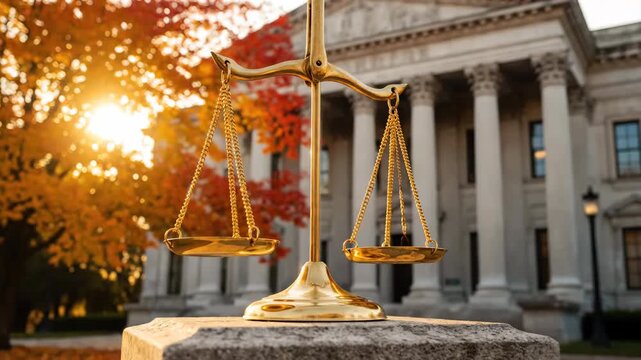 Scales of justice in front of a courthouse during sunset with autumn leaves and flare providing a strong symbol of law and equity.