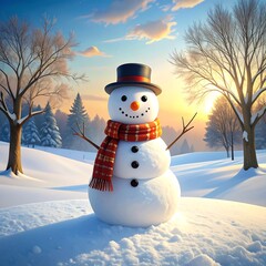 Cheerful snowman stands in a sunlit snow-covered field with bare trees and distant evergreen forest