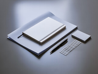 Minimal business stationery mockup with stacked notebooks and writing accessories