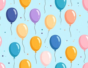 Cheerful vector of colorful balloons floats against a light blue sky, confetti adding a festive, whimsical touch