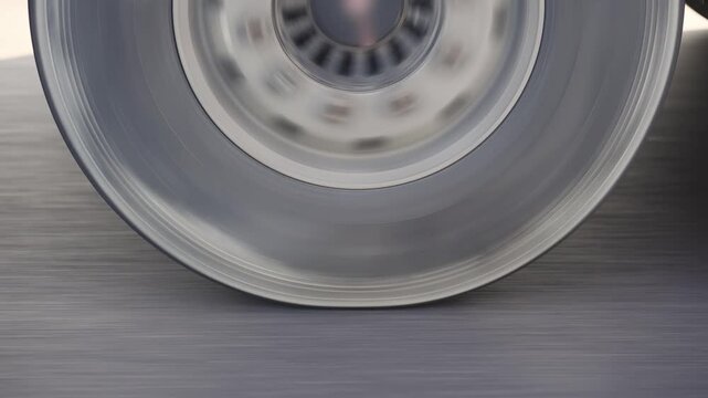 Authentic shot of spinning tires of semi trailer truck driving along a countryside road, closeup shot