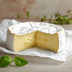 Cheese wheel sliced open, showing creamy inside, white mold rind, on white paper, with herbs