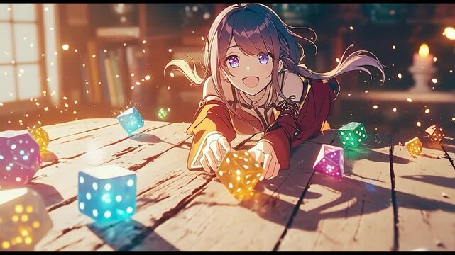光るサイコロに手を伸ばすアニメ美少女　幻想的なファンタジーイラスト
