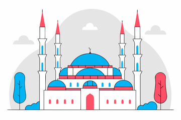 Flat vector illustration of an Islamic mosque with domes and minarets, isolated on a transparent background	
