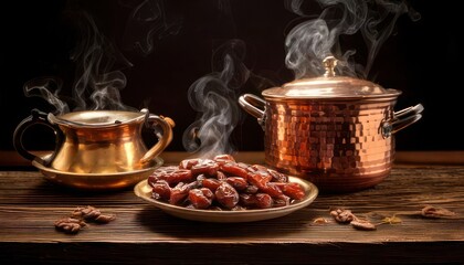 Steaming Dates, Coffee, and Copperware on a Wooden Table.