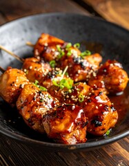 Chicken skewers in dark glaze, garnished with sesame seeds and chives, presented in a black bowl on wood