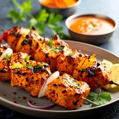 Chicken skewers with onion, lemon, and herbs on a plate with sauces in bowls in the background