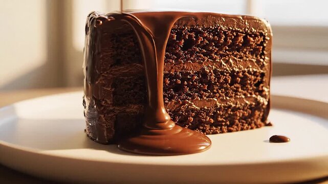 Decadent slice of chocolate fudge cake with warm, rich sauce cascading down, a delicious and irresistible dessert experience