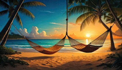 Tropical Beach Hammocks at Sunset - A Relaxing Paradise Escape.