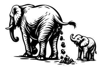 Elephant Mother and Calf Silhouette, Wildlife Family Scene