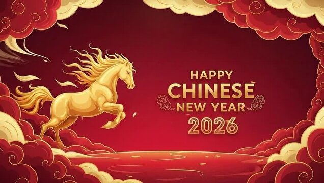 Golden horse gallops through auspicious clouds celebrating chinese new year 2026 year with luck