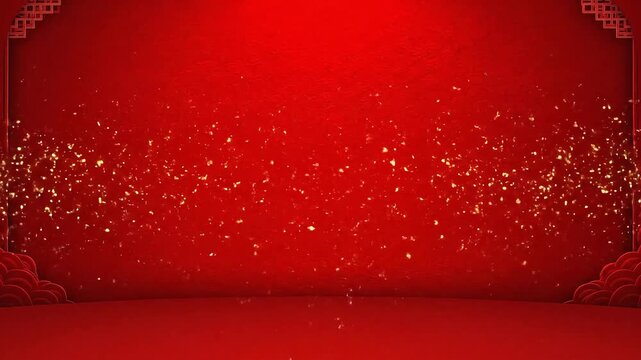 Festive red background with sparkling golden particles and traditional cloud patterns, perfect for celebrations and promotions
