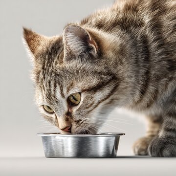 A real cat drinking water from a bowl; the image is clean, healthy, and suitable for advertising.