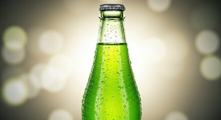 Refreshing Green Beverage Bottle with Water Droplets