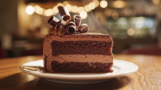 A tempting slice of decadent chocolate cake with creamy layers and delicate curls, evoking a feeling of pure dessert bliss in a warm, inviting setting