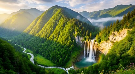 Scenic mountain landscape with waterfall and lush green valley under sunlight