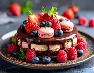 Chocolate cake covered in glossy ganache and fresh berries, served on a gray plate