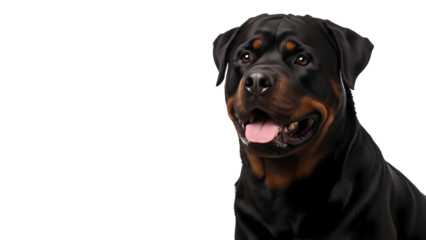 A close-up portrait of a majestic Rottweiler dog, showcasing its powerful build and striking appearance