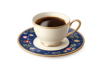 Coffee cup on decorative saucer with hot dark liquid on transparent background, breakfast, elegance, morning drink