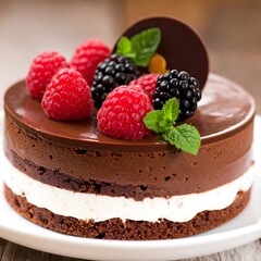Chocolate cake with berries on top, sits on white plate, bokeh background