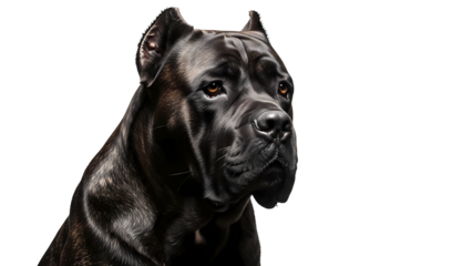 A close-up shot of a majestic black dog, showcasing its focused gaze. The dog has a shiny coat, alert ears, and a strong physique