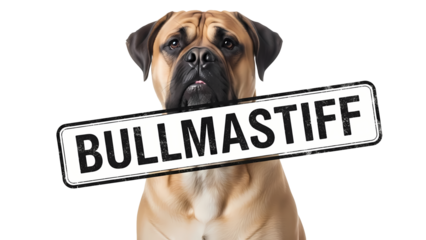 A majestic Bullmastiff proudly displaying the breed's name. The dog is a strong, muscular breed with a noble expression