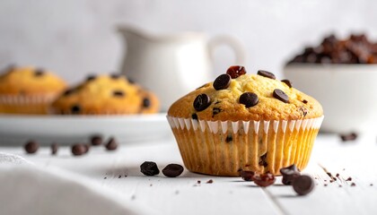 Chocolate chip muffins displayed on white wooden planks with creamy white containers and a soft white background