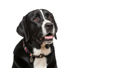 A well-groomed dog with a sleek black and white coat looks attentively to the side. The dog has a collar with tag and it looks healthy and friendly.