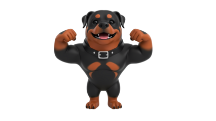 A strong rottweiler posing confidently, showcasing its muscular build. The dog's expression conveys power and readiness