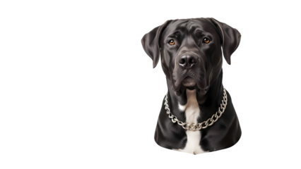A beautiful black dog with a shiny silver chain around its neck